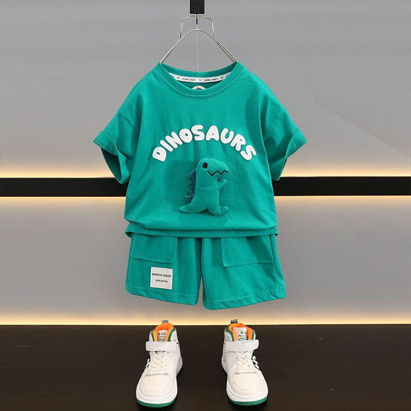 Bộ Áo Thun Cotton Tay Ngắn In Hình Khủng Long + Quần Short Thời Trang Mùa Hè 2023 Mới Cho Bé Trai