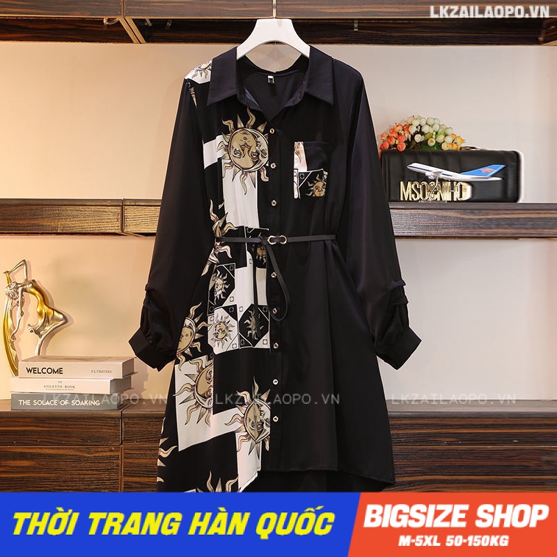 Váy đầm nữ Bigsize Đầm sơ mi dáng suông tay ngắn có cổ in hình che bụng mỡ ôm eo mùa hè Phong cách Hàn Quốc Thời Trang đẹp