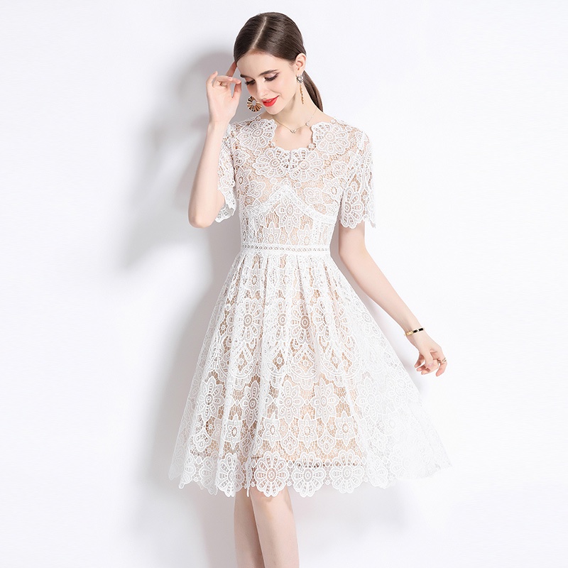 20236 thời trang mùa hè thanh lịch cổ chữ v ren hòa tan trong nước váy ren