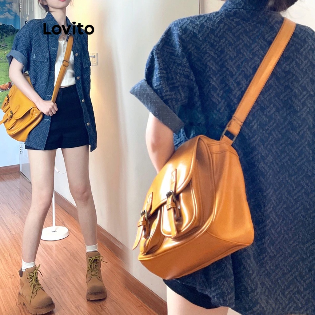 Lovito Áo Trơn Phối Nút Thường Ngày Vintage Họa Tiết Tinh Tế Cổ Áo Denim cho Nữ LNA09134 (Màu xanh da trời)