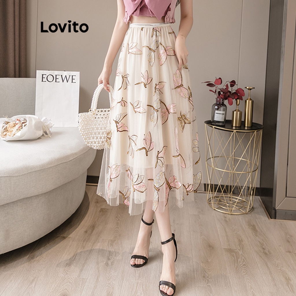 Lovito Váy maxi chữ A phối lưới tương phản hình bướm lãng mạn dành cho nữ LNE09057 (Mơ/Xám)