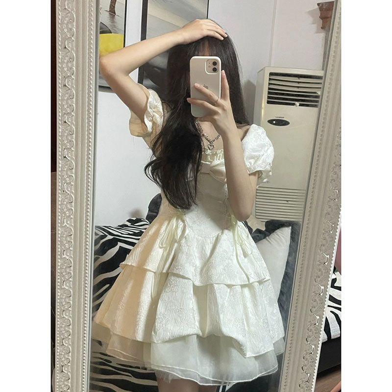 Đầm Ngắn Tay Phồng Đính Nơ Thời Trang Mùa Xuân Mới Cho Nữ