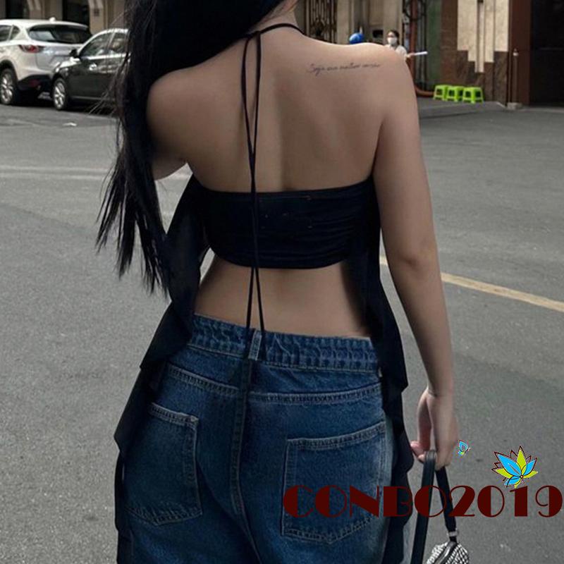 Hgm Áo Không Tay Cổ Yếm Nhún Bèo Hở Lưng Thời Trang Đi Tiệc Mùa Hè Cho Nữ