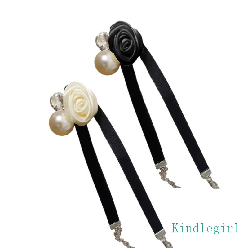 Vòng Cổ Choker Màu Đen Đính Hạt Ngọc Trai Và Hoa Dễ Thương Lãng Mạn