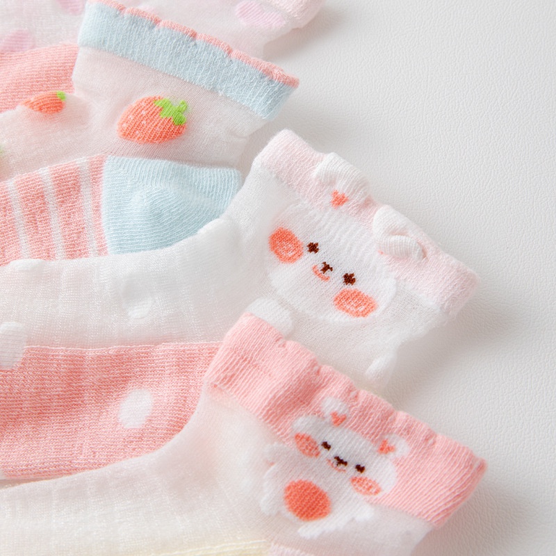Bộ 5 Đôi Vớ Cotton Lụa Lạnh Mỏng Thoáng Khí In Hoạt Hình Dễ Thương Thời Trang Mùa Hè Cho Bé Gái
