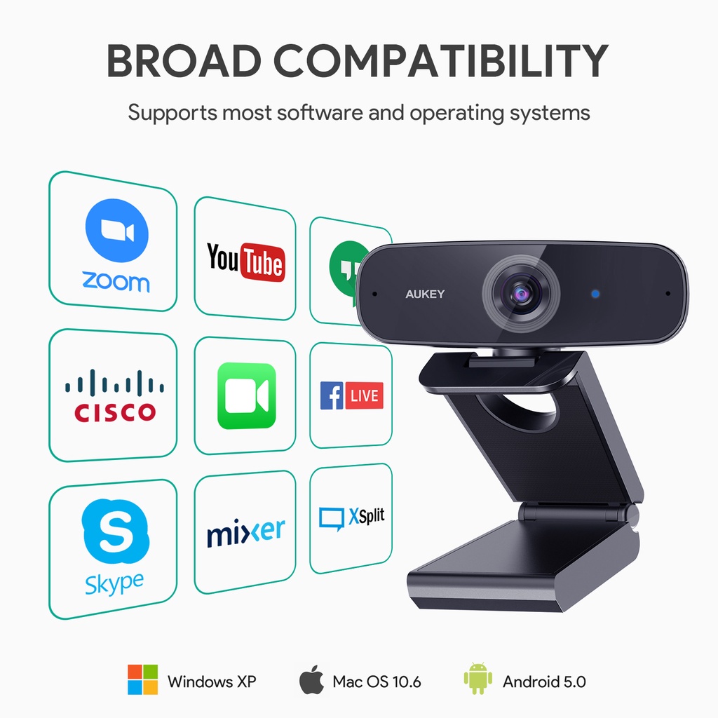 Webcam máy tính AUKEY PC-W3 Có 2 Mic Chống Ồn 1080P FHD 5m tự động lấy nét cho Windows XP / Mac OS 10.6 / Android | BigBuy360 - bigbuy360.vn