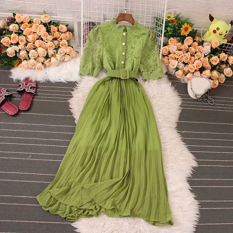 Đầm Tay Ngắn Cổ Tròn Phối Ren Hoa Phong Cách Retro Thanh Lịch Dành Cho Nữ