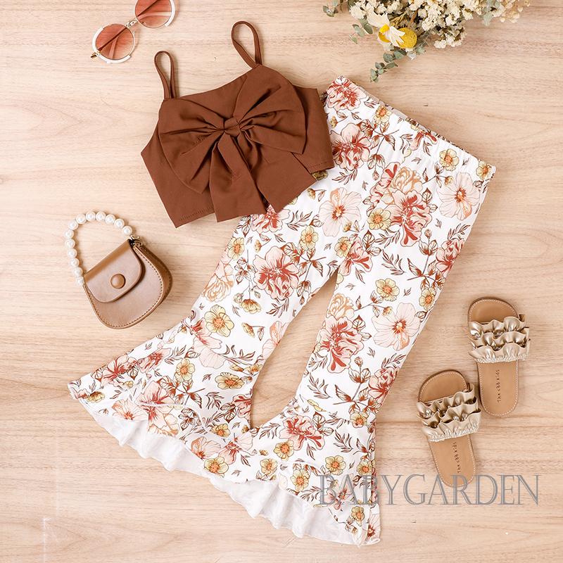 Set Đồ Mùa Hè Gồm Áo Hai Dây In Họa Tiết Hoa + Quần Dài + Áo Hai Dây Thắt Nơ Xinh Xắn Cho Bé Gái / 4-7 Tuổi