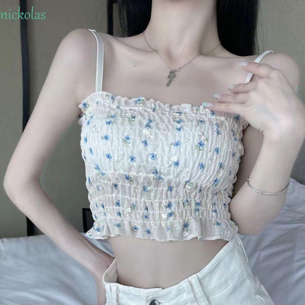 NICKOLAS Áo Croptop In Họa Tiết Hoa Có Đệm Ngực Phong Cách Hàn Quốc Thời Trang Mùa Hè