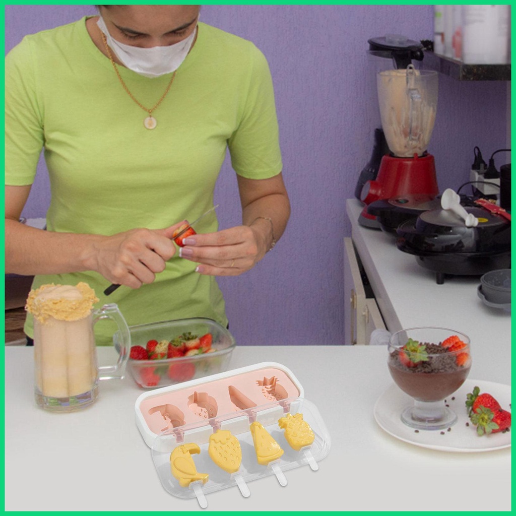 Khuôn Làm Kem Que 4 Ngăn Bằng Silicone Tái Sử Dụng Được Kèm Nắp Và Que Kem DIY Jiwvnjiwvn