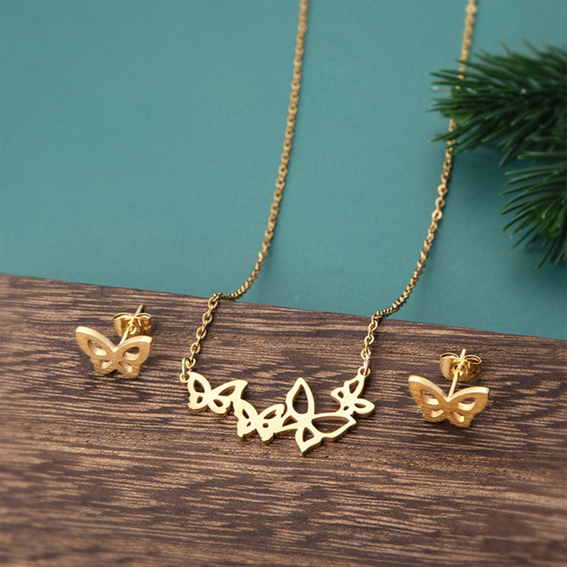 Bộ Vòng cổ + Bông Tai Hình Bướm Bằng Thép Không Gỉ Dễ Thương Cho Nữ