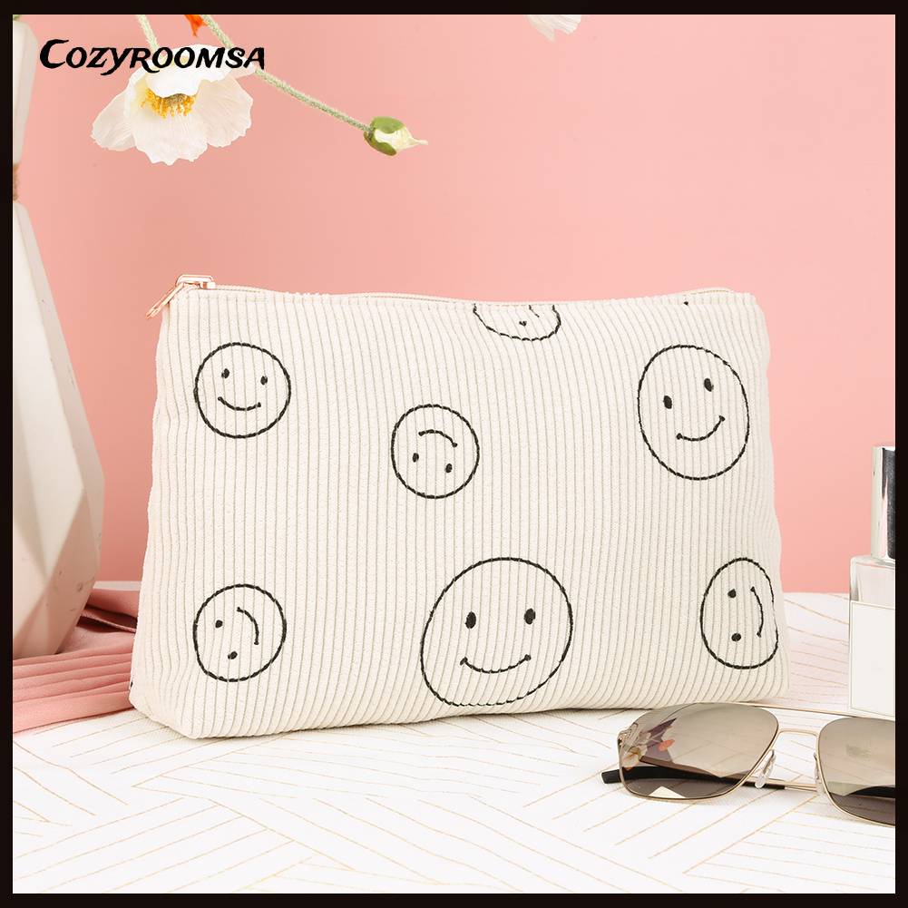 Túi Đựng Mỹ Phẩm Hai Mặt Bằng Vải Nhung Kẻ Dễ Thương Xinh Xắn