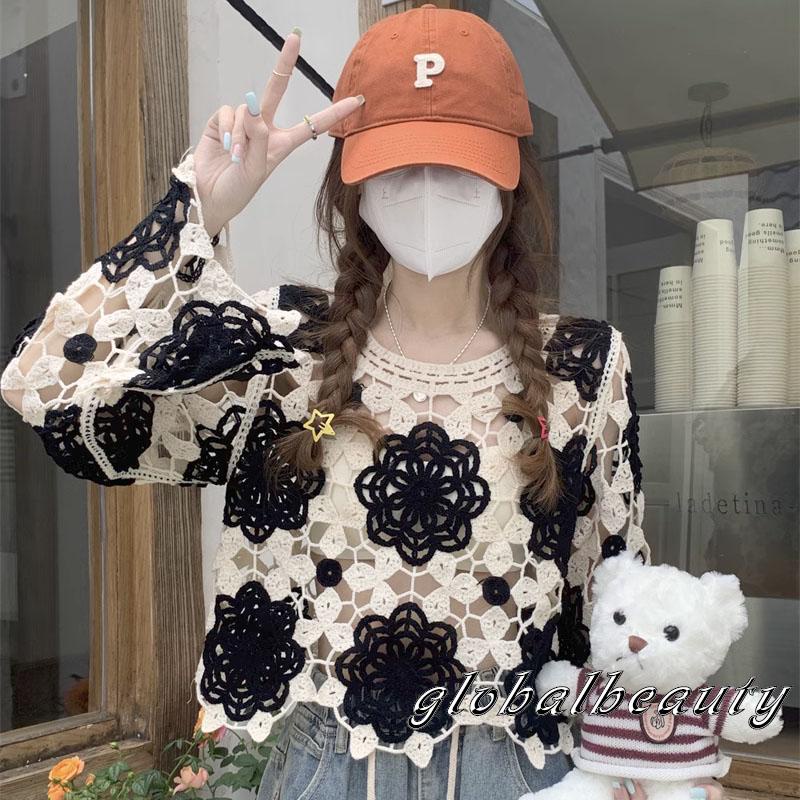 Áo Croptop Dệt Kim Tay Dài Cổ Tròn In Họa Tiết Hoa Thời Trang Xuân Hè Cho Nữ