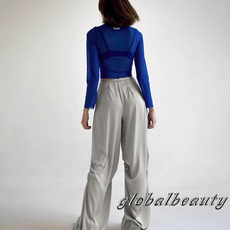 Quần Dài Satin Ống Rộng Lưng Thấp Màu Sắc Đơn Giản Thời Trang Mùa Hè Cho Nữ