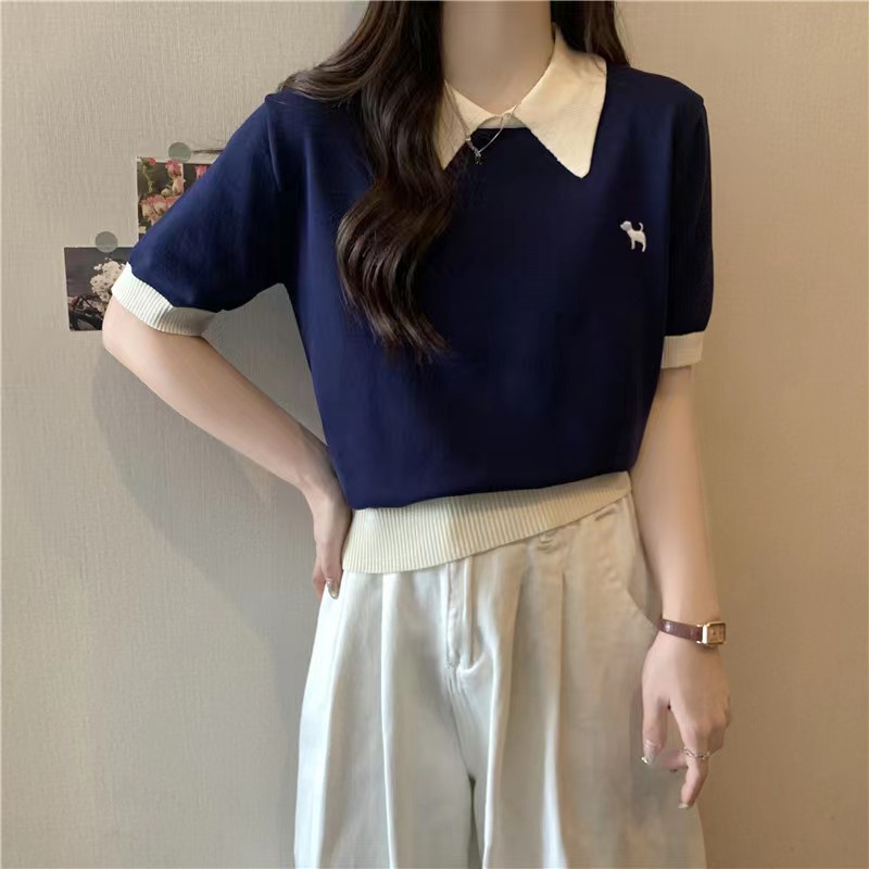 Áo Polo Dệt Kim Thêu Họa Tiết Màu Sắc Tương Phản Phong Cách Hàn Quốc