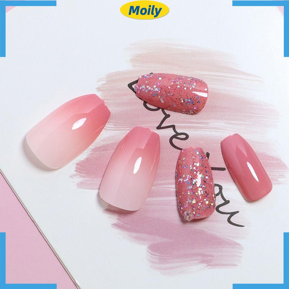 MOILYVN Bộ 24 Móng Tay Giả Ngắn Màu Hồng Gradient Lấp Lánh Có Thể Tháo Rời Bảo Vệ Toàn Diện Cho Nữ