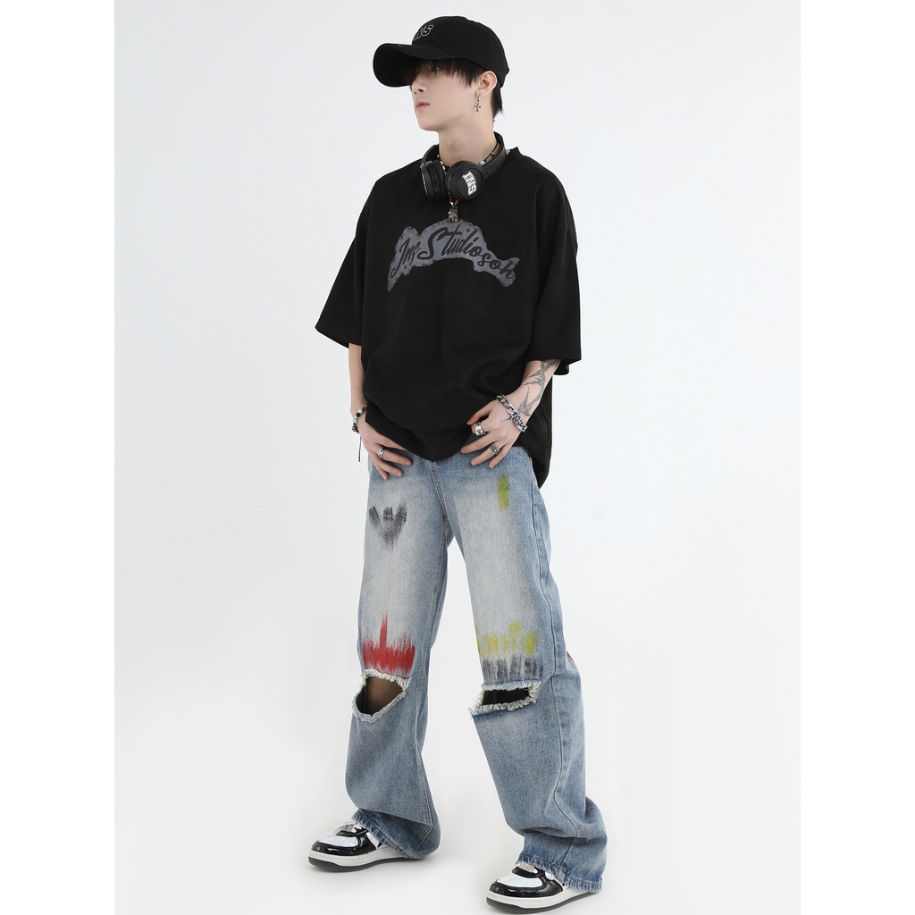 Insstudios Quần Jean Ống Rộng Thẳng Sơn Màu Vẽ Tay Phong Cách Đường Phố Mỹ Cho Cặp Đôi