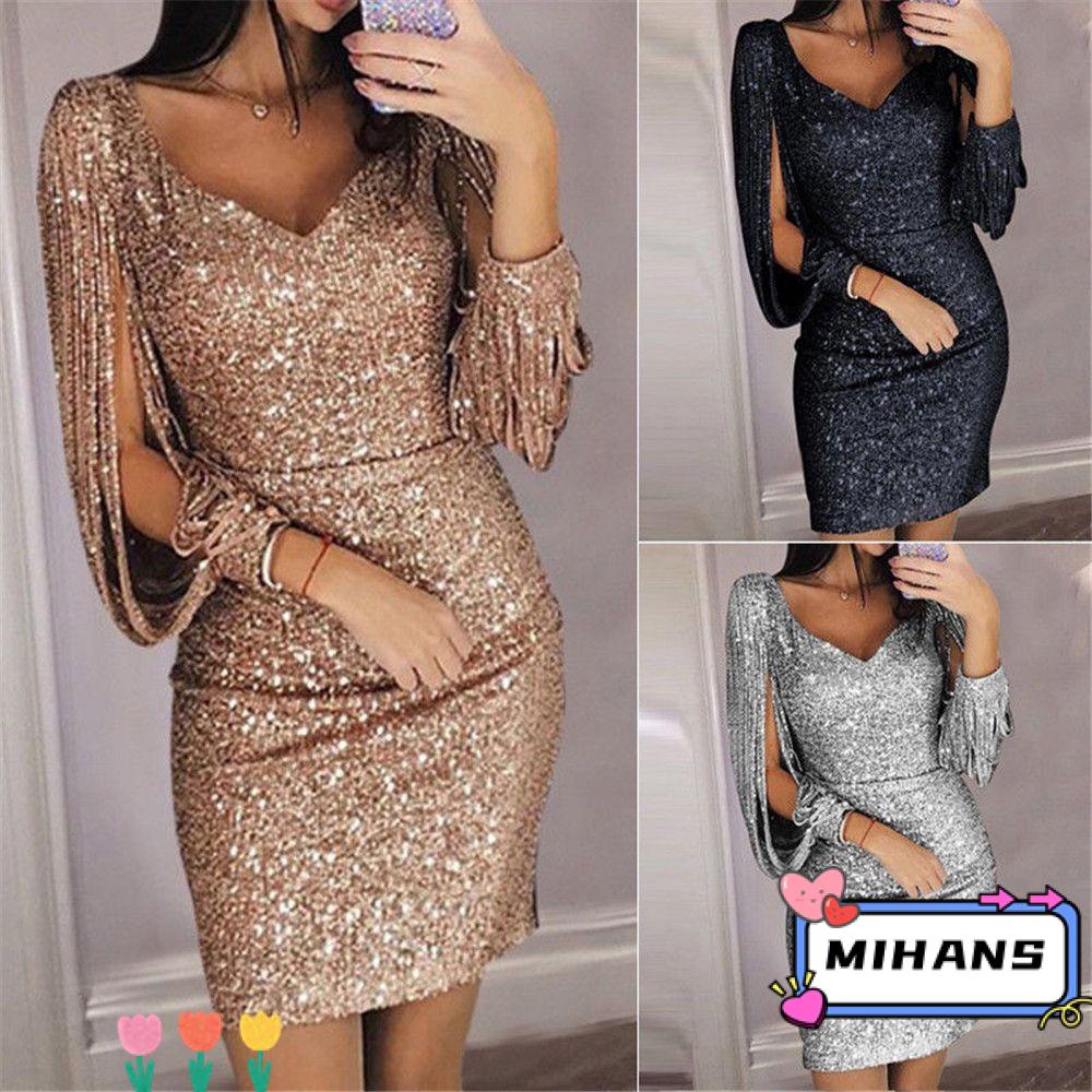 MIH Đầm Midi Tay Dài Cổ Chữ V Phối Tua Rua Thời Trang Quyến Rũ Cho Nữ