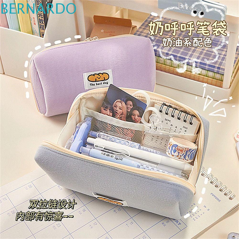 BERNARDO Túi Đựng Bút Chì Sức Chứa Lớn Bằng Vải Nhung Kẻ Màu Kem Dành Cho Học Sinh