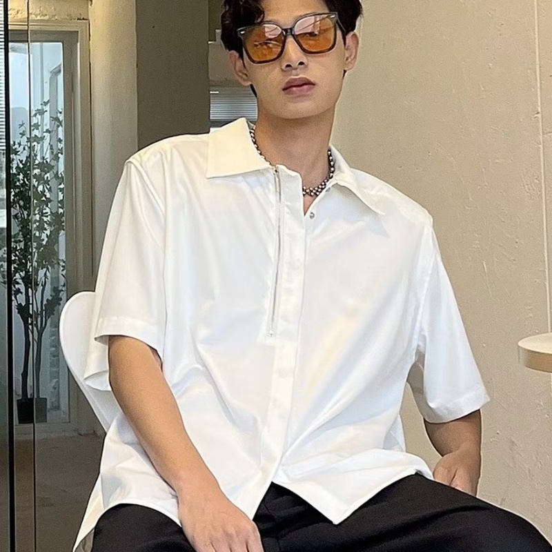 Áo Sơ Mi Tay Ngắn Dáng Rộng Màu Trơn Có Khóa Kéo Phong Cách Hàn Quốc Thời Trang Mùa Hè Hàng Mới Dành Cho Bạn Nam