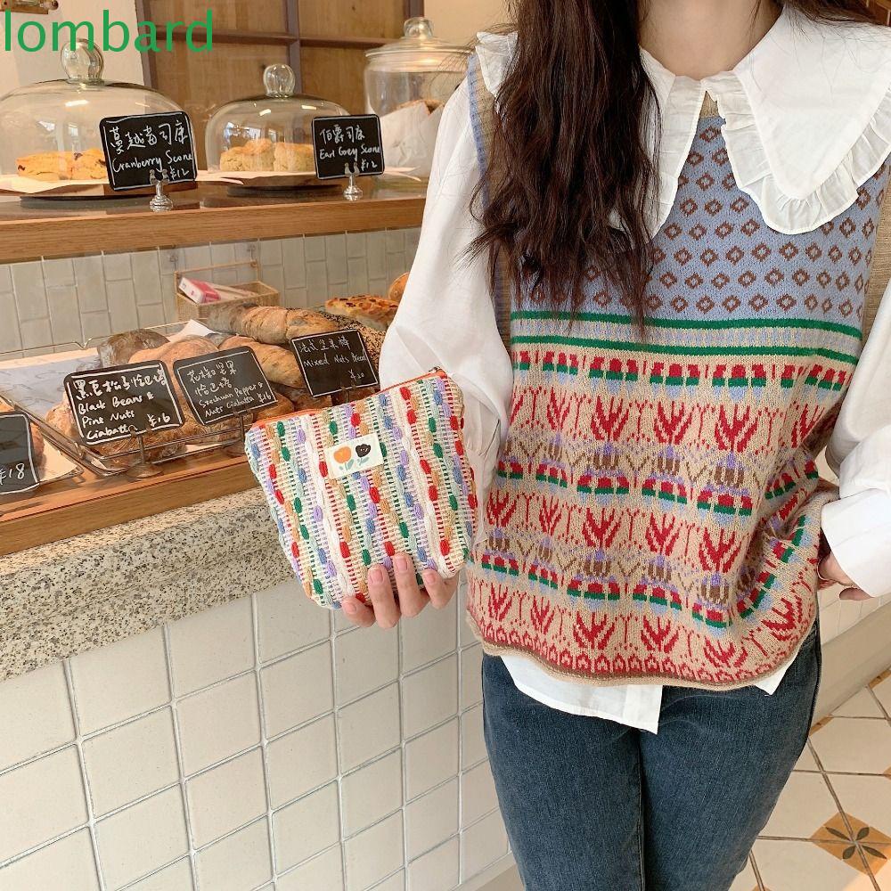 LOMBARD Túi Đựng Bút / Mỹ Phẩm Bằng Vải Dệt Kim Có Khóa Kéo Màu Cầu Vồng Xinh Xắn Cho Học Sinh