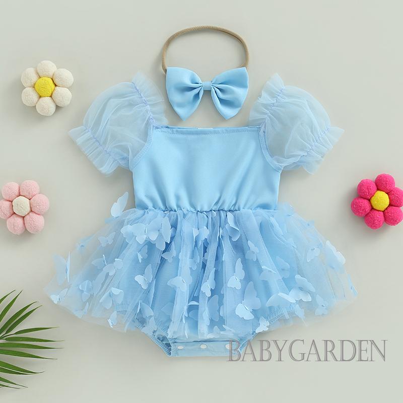 Bộ Áo Liền Quần Tay Phồng In Họa Tiết Bươm Bướm Kèm Băng Đô Dành Cho Bé Gái