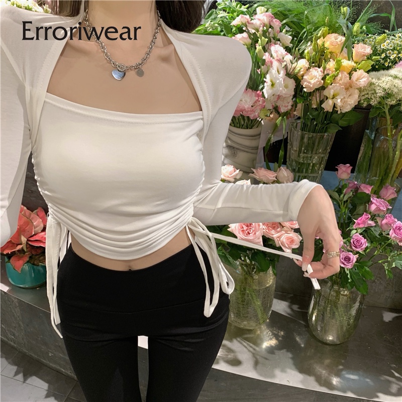 Áo thun Erroriwear dáng ngắn cổ vuông tay dài phối dây rút thời trang 2023 cho nữ