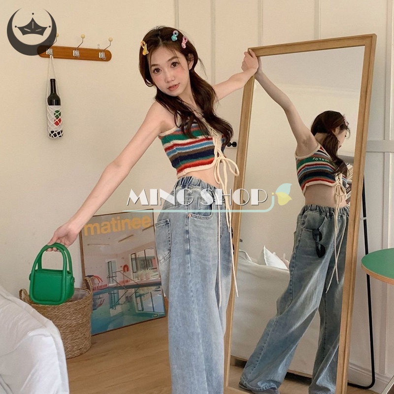 Áo Hai Dây Dệt Kim Kẻ Sọc Nhiều Màu Sắc Gợi Cảm Cho Nữ