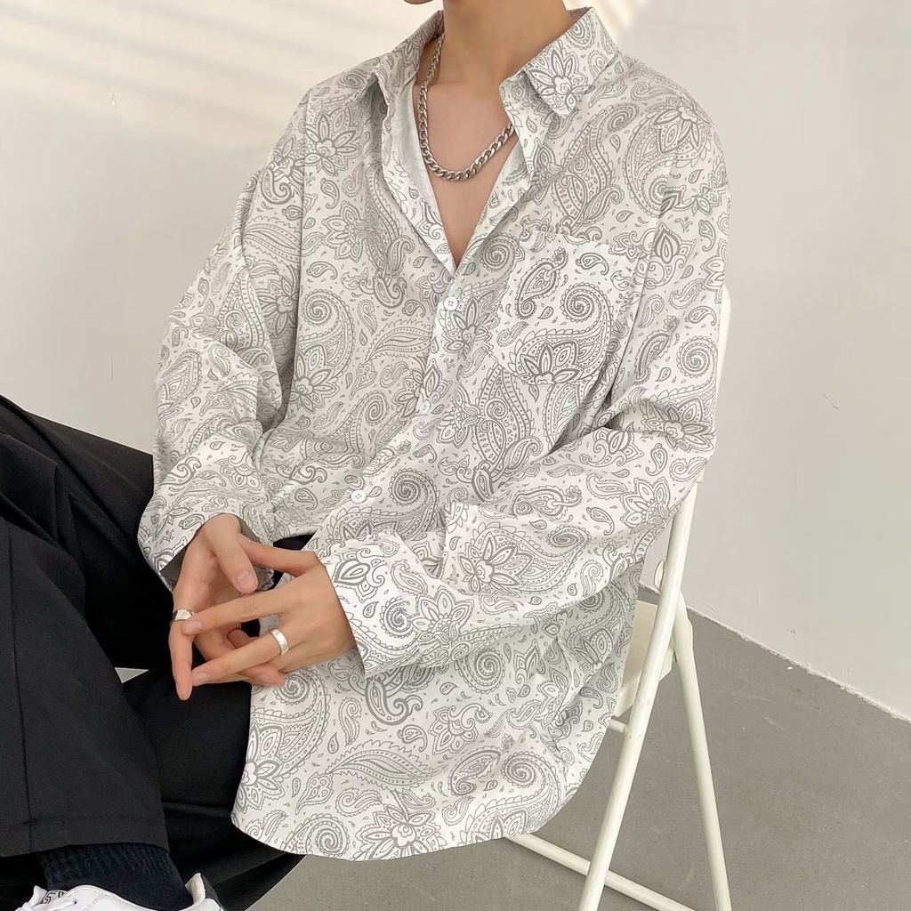 Áo Sơ Mi Tay Dài Dáng Rộng In Họa Tiết Phong Cách Hàn Quốc Thời Trang Mùa Hè Cho Nam