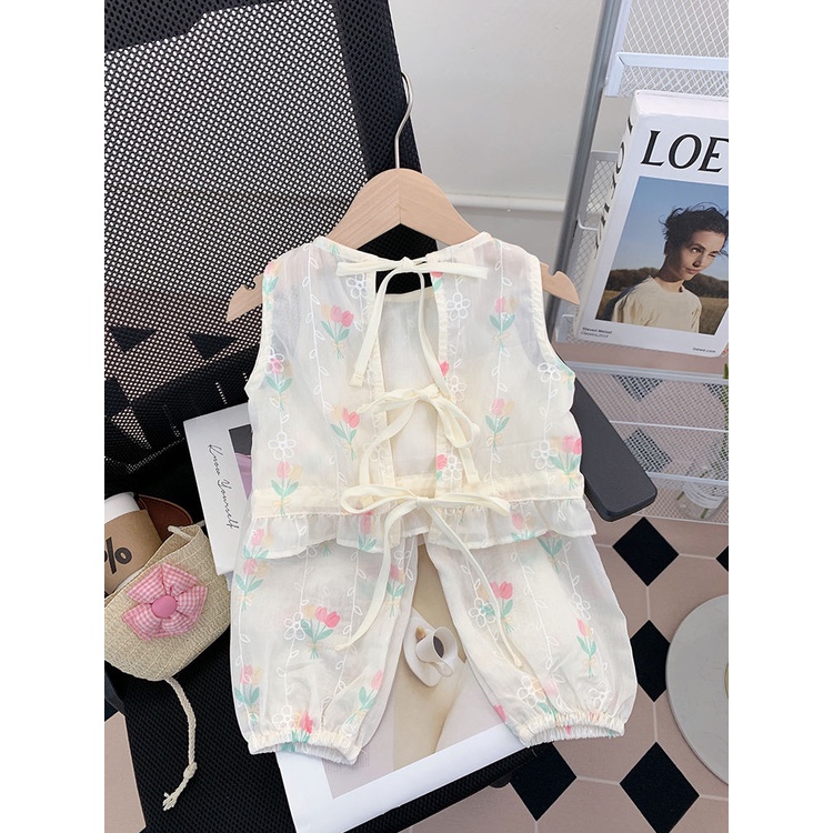 Bộ Áo Sát Nách + Quần Dài Cột Dây Phong Cách Phương Tây Thời Trang Mùa Hè 2023 Mới Cho Bé Gái