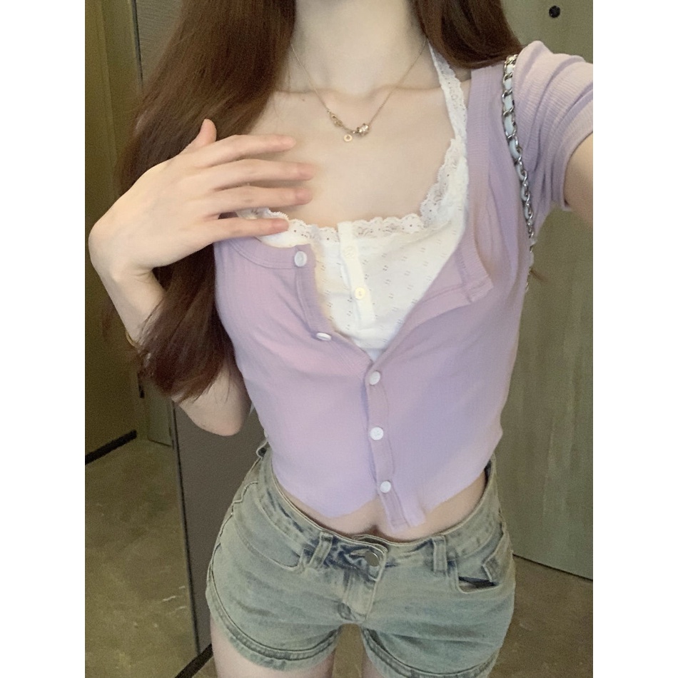 Áo Thun Tay Ngắn Giả Hai Lớp Màu Trơn Phong Cách Ngọt Ngào Cho Nữ