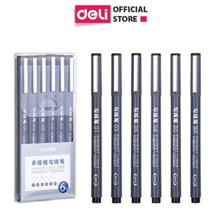  Bút kỹ thuật đi nét nhiều ngòi màu đen Deli - kháng nước - vẽ caligraphy phác thảo - bộ 6 chiếc  - S573 