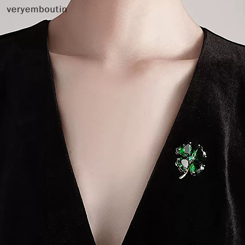 Ghim Cài Áo Hình Cỏ Bốn Lá May Mắn Đính Đá Zircon Sáng Bóng Cổ Điển Chống Rơi Vỡ Dành Cho Bạn Nữ Mặc Đầm Cưới