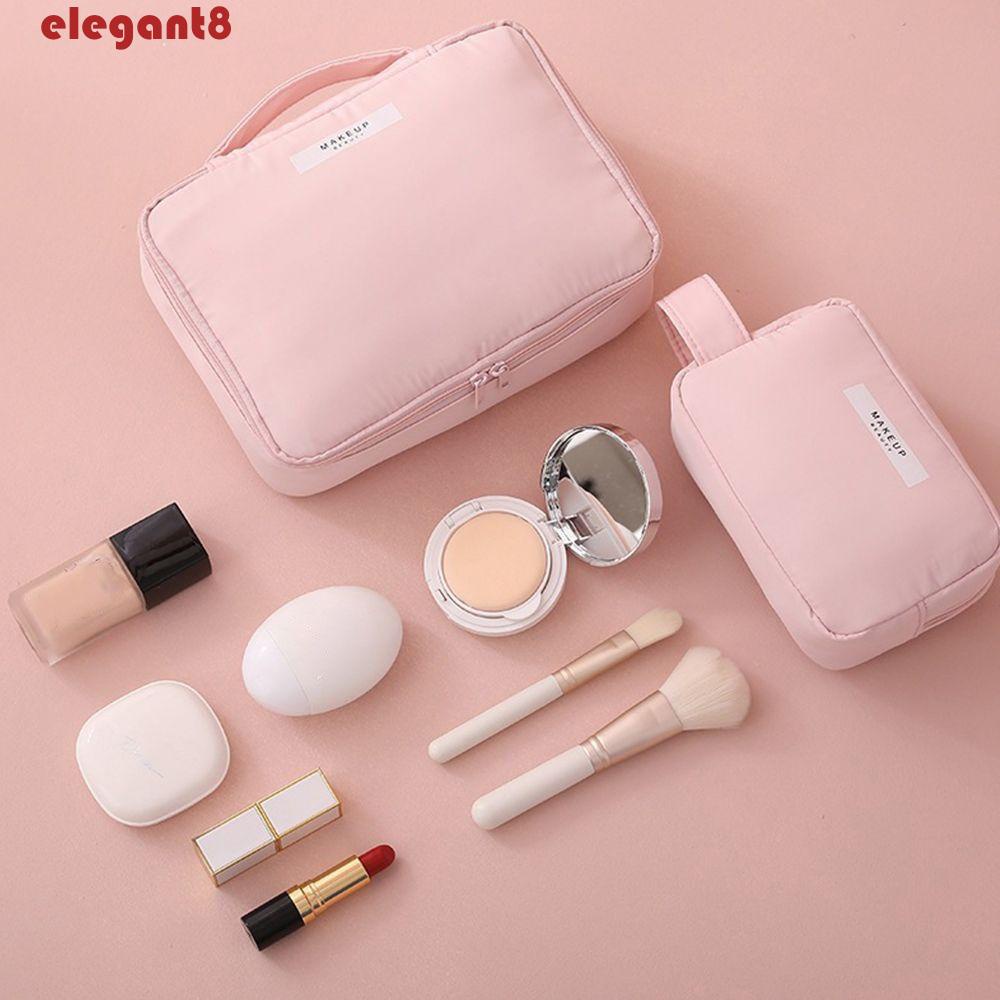 ELEGANT Túi Đựng Mỹ Phẩm Màu Kem Dung Tích Lớn Có Khóa Kéo Dễ Thương Cho Nữ