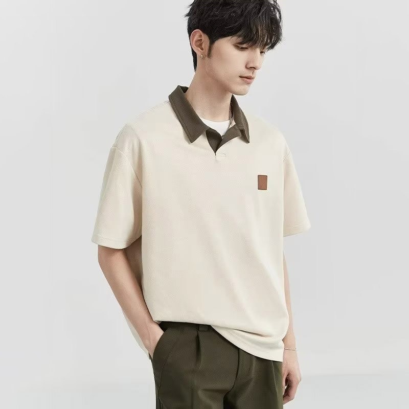 Áo Thun polo Giả Da Lộn Tay Ngắn Dáng Rộng Màu Sắc Tương Phản Cao Cấp Phong Cách Nhật Bản Cho Nam