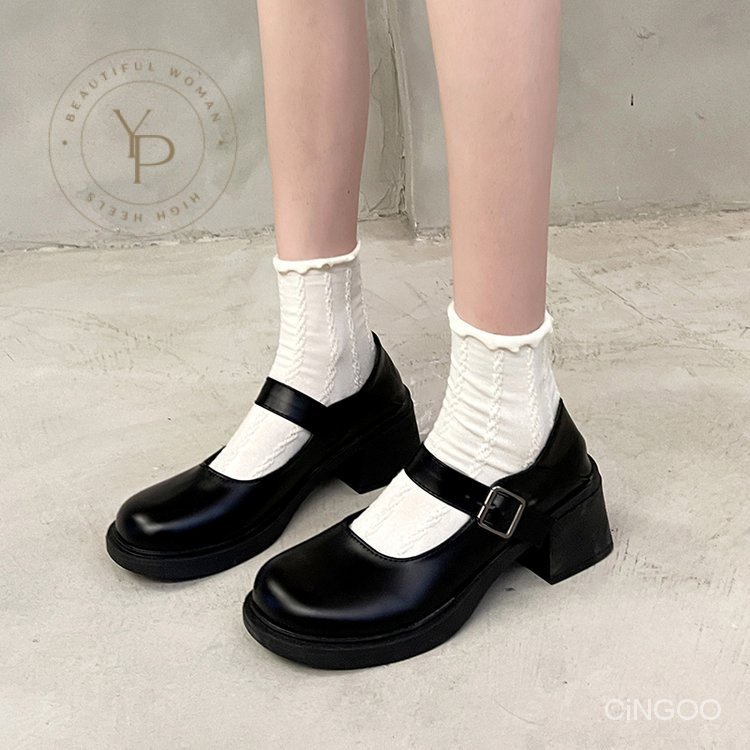 Giày Búp Bê Da Pu Mũi Tròn Đế Dày 3-5cm Phối Khóa Cài Xinh Xắn Hợp Thời Trang