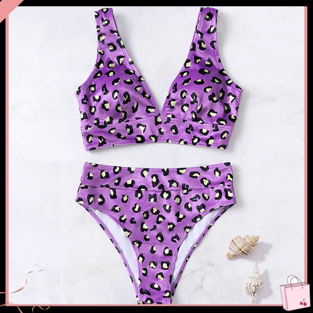 Bộ Bikini 2 Mảnh Họa Tiết Da Báo Eo Cao Khô Nhanh Cổ Chữ V Màu Sắc Tương Phản