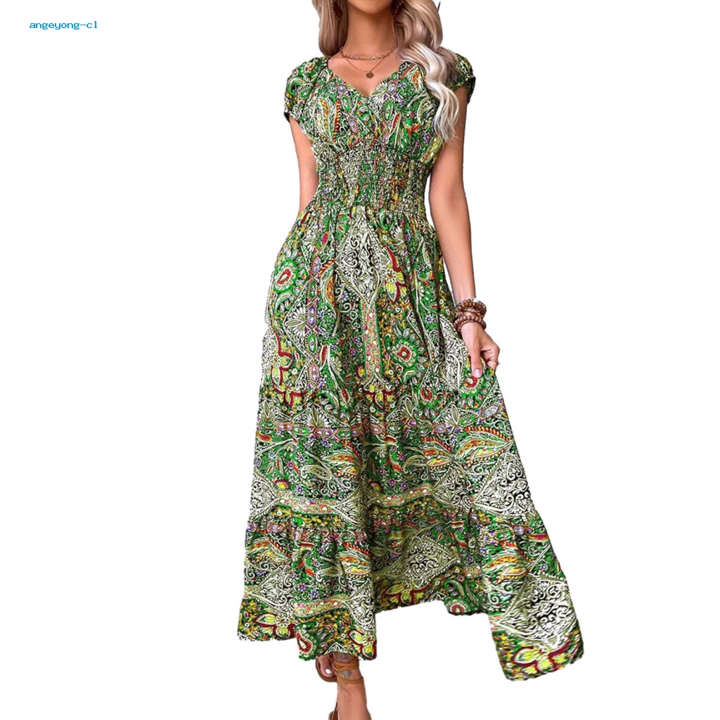 Angeyong Đầm Maxi Lưng Cao In Họa Tiết Nhiều Màu Sắc Phong Cách Boho Thời Trang Đi Biển Mùa Hè