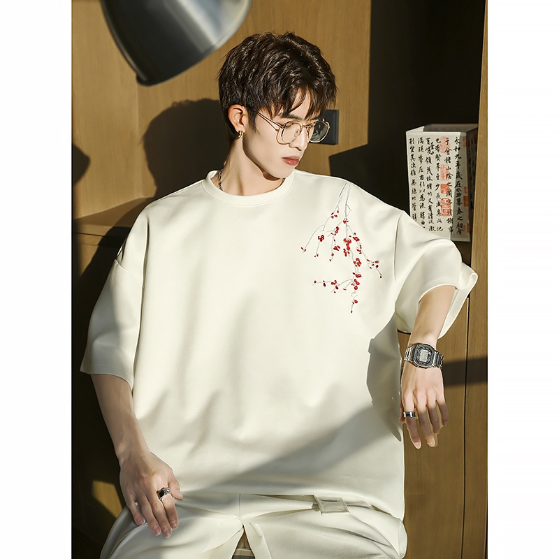 Áo Thun Da Lộn Ngắn Tay Thêu Họa Tiết Phong Cách Trung Hoa Thời Trang Mùa Hè Cho Nam