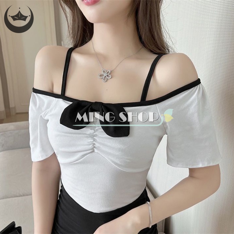 Ming Đầm Ngắn Trễ Vai Ôm Dáng Phối Nơ Quyến Rũ Cho Nữ