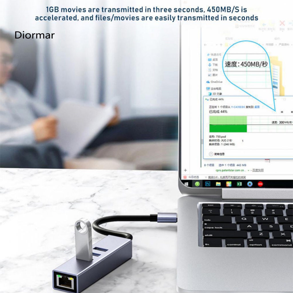 Bộ Chia Nhiều Cổng Mạng Dinio 4 Trong 1 Cổng USB 30 Type-C Sang RJ45 Thông Dụng Cho Máy Tính