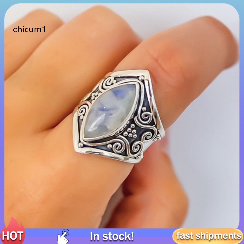 Nhẫn Đính Đá Mặt Trăng Lớn Hình Oval Độc Đáo Phong Cách Punk Cổ Điển