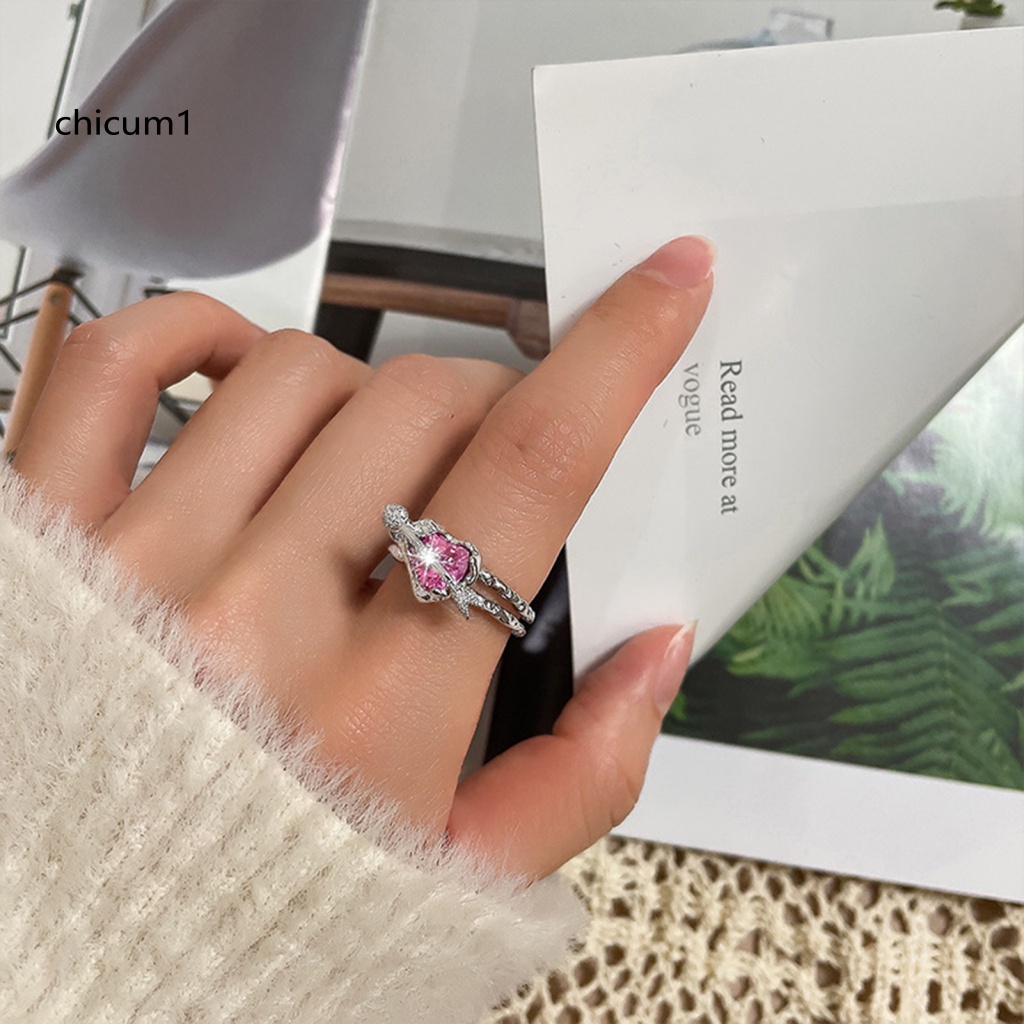 Nhẫn Đeo Tay CC Hai Lớp Bắt Mắt Thiết Kế Dạng Hở Màu Hồng Đính Pha Lê Nhân Tạo Hình Mũi Tên Xuyên Qua Trái Tim Thời Trang Có Thể Điều