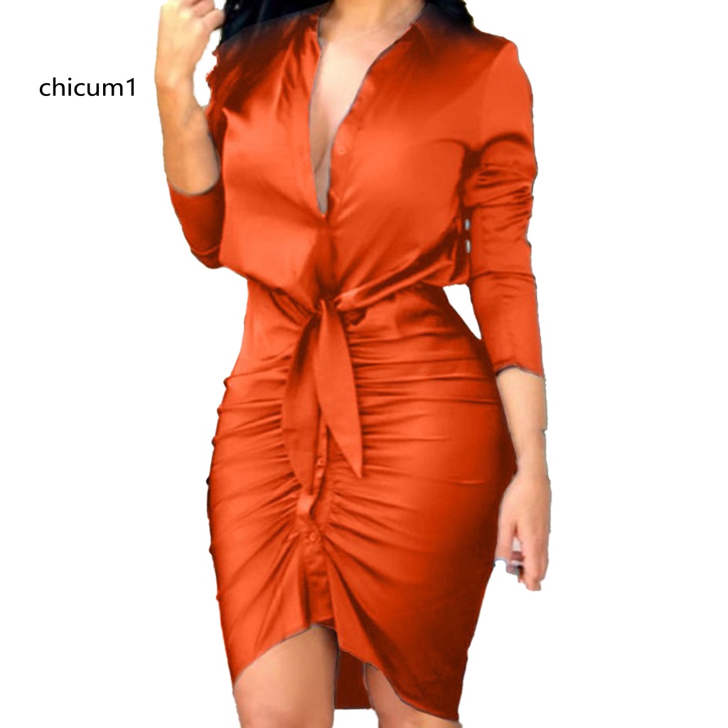 Đầm Midi Tay Dài Cổ Chữ V Màu Sắc Thanh Lịch