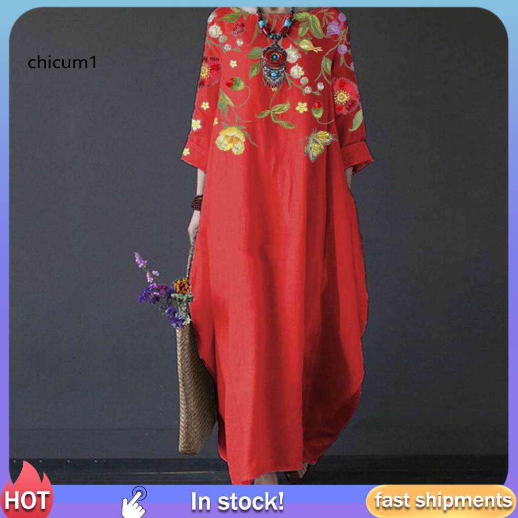 Đầm Maxi Cổ Tròn Tay 3 / 4 In Họa Tiết Hoa Lá Thời Trang Xuân Thu Xinh Xắn Cho Nữ