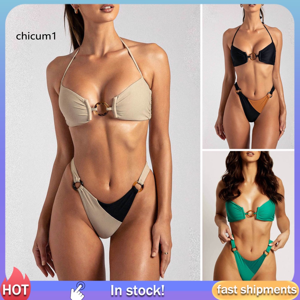 Set 2 Món Đồ Bơi Bikini Lưng Cao Hở Lưng Màu Sắc Tương Phản Cho Nữ