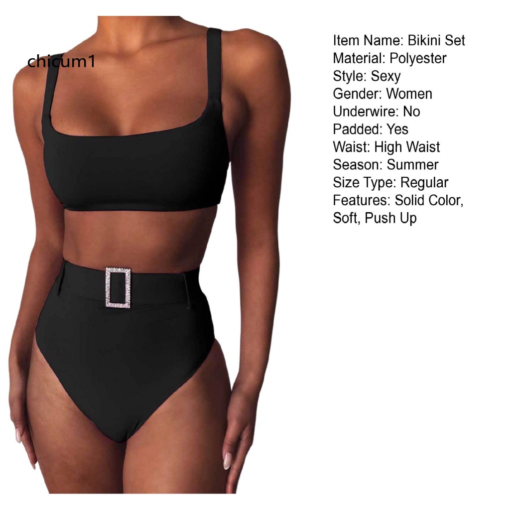 Bộ Bikini 2 Mảnh Lưng Cao Không Tay Có Khóa Cài Màu Sắc Trơn Dành Cho Nữ