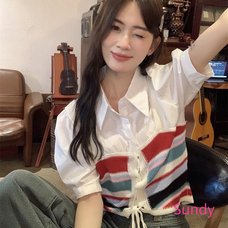 Áo Dệt Kim Tay Ngắn Phối Dây Rút Màu Sắc Ngọt Ngào Phong Cách Hàn Quốc Cho Nữ