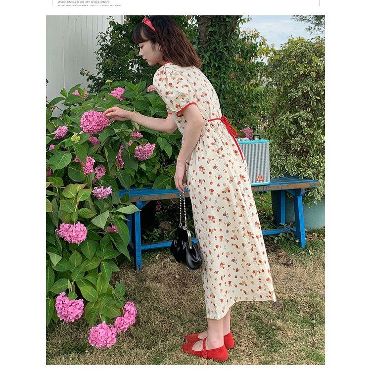 Dễ Thương Đầm midi Cài Nút Tay Phồng In Họa Tiết Hoa Thời Trang Mùa Hè Hàn Quốc Xinh Xắn Cho Nữ