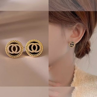 Bông Tai Mạ Bạc 925 Hình Tròn Khắc Chữ Đính Đá Pha Lê Đen Phong Cách Hàn Quốc Thời Trang Cho Nữ